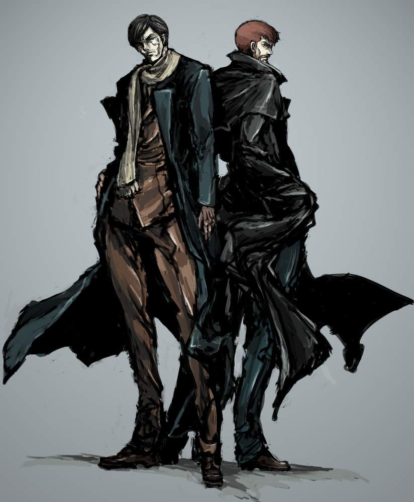 moto murabito, andrei smirnov, pang hercules, sergei smirnov, gundam, gundam 00, traditional media, 00s, 2boys, beard, black hair, brown hair, coat, facial hair, full body, gradient background, male focus, multiple boys, scar, scarf