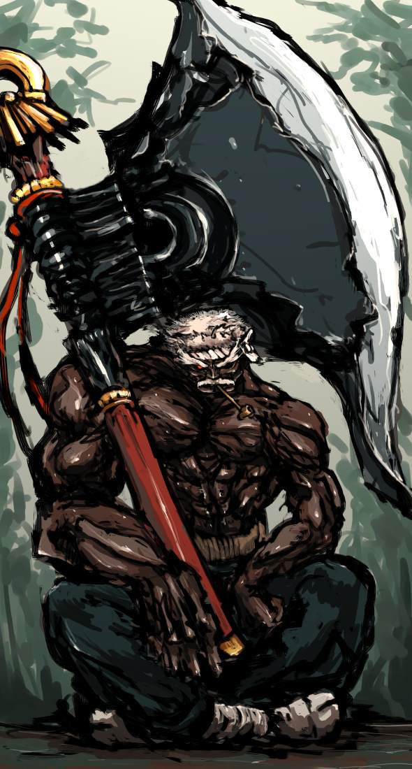 moto murabito, original, traditional media, 1boy, axe, dark-skinned male, dark skin, facial hair, headband, kiseru, male focus, muscular, mustache, smoking pipe, solo, weapon, white hair