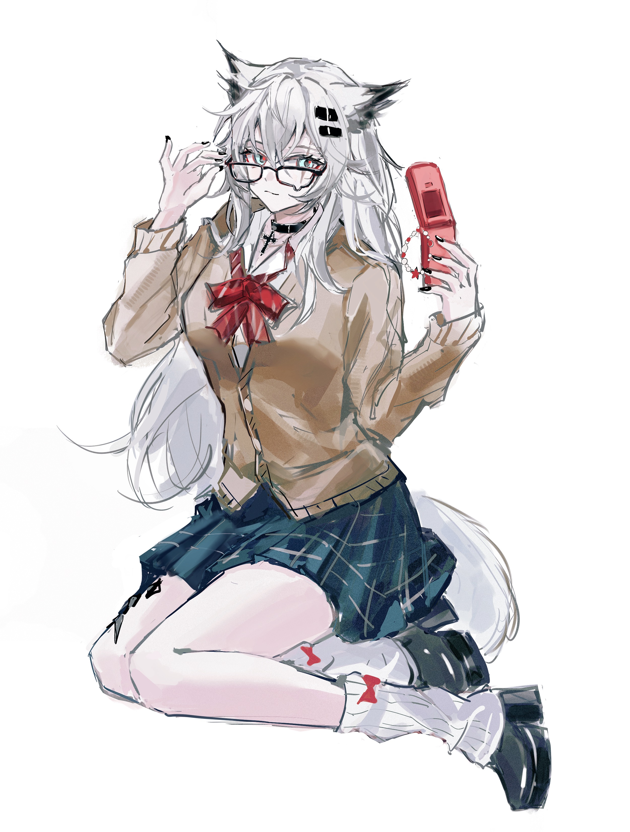 zhishi mao tiao, lappland (arknights), arknights, absurdres, highres, 1girl, adjusting eyewear, alternate costume, animal ears, aqua skirt, bespectacled, black-framed eyewear, black choker, black nails, black shoes, blue eyes, bow, bowtie, brown cardigan, cardigan, cellphone, choker, closed mouth, cross, cross choker, fingernails, full body, glasses, hair between eyes, hair ornament, hairclip, holding, holding phone, latin cross, leg warmers, long hair, long sleeves, looking at viewer, nail polish, phone, plaid clothes, plaid skirt, red bow, red bowtie, school uniform, shoes, simple background, sitting, sketch, skirt, solo, star (symbol), tail, white background, white hair, white leg warmers, white tail, wolf ears, wolf girl, wolf tail, yokozuwari