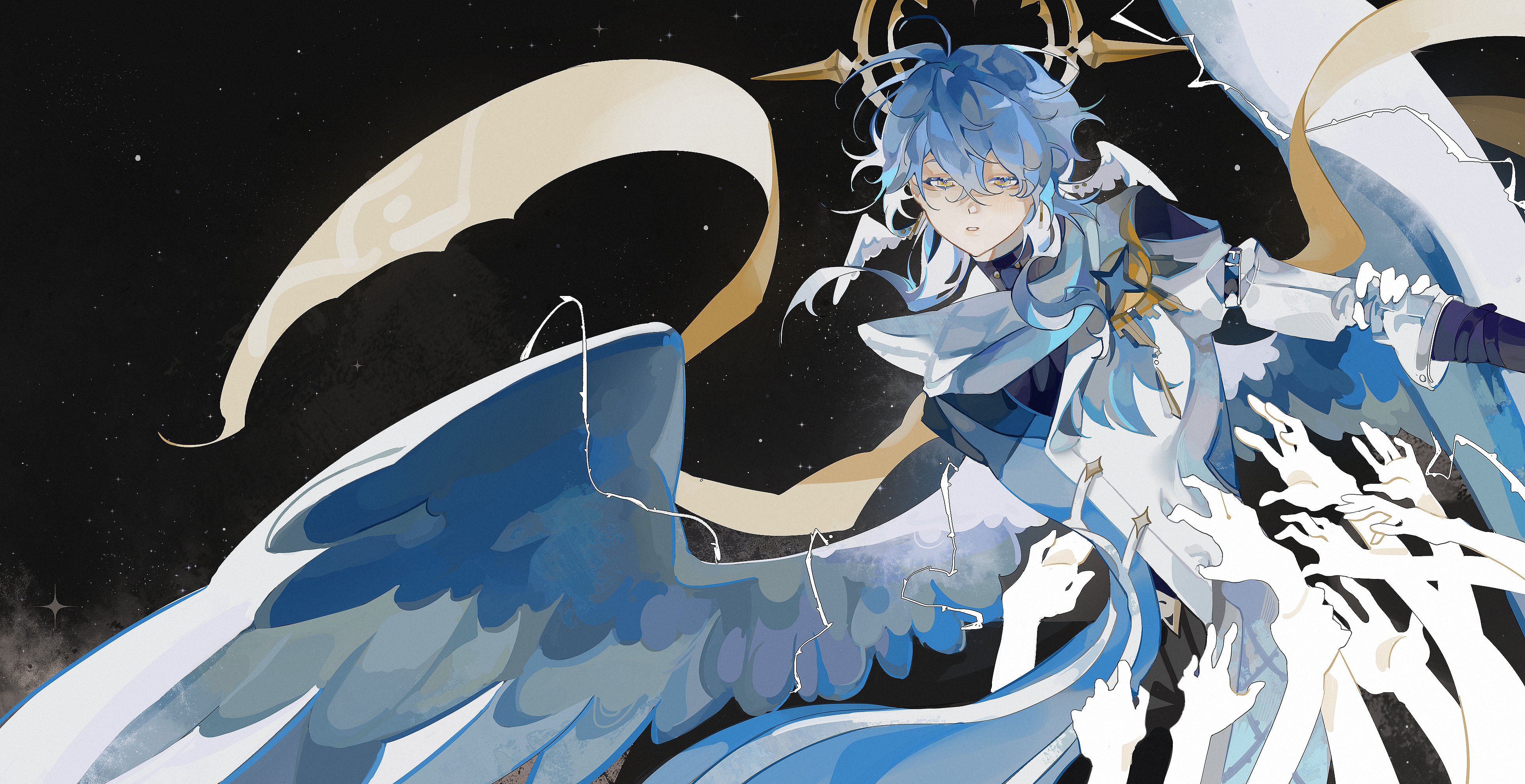 sunday (honkai: star rail), honkai: star rail, honkai (series), absurdres, highres, anar 9158, grey hair, halo, head wings, night, night sky, scarf, sky, wings, yellow eyes, yellow halo