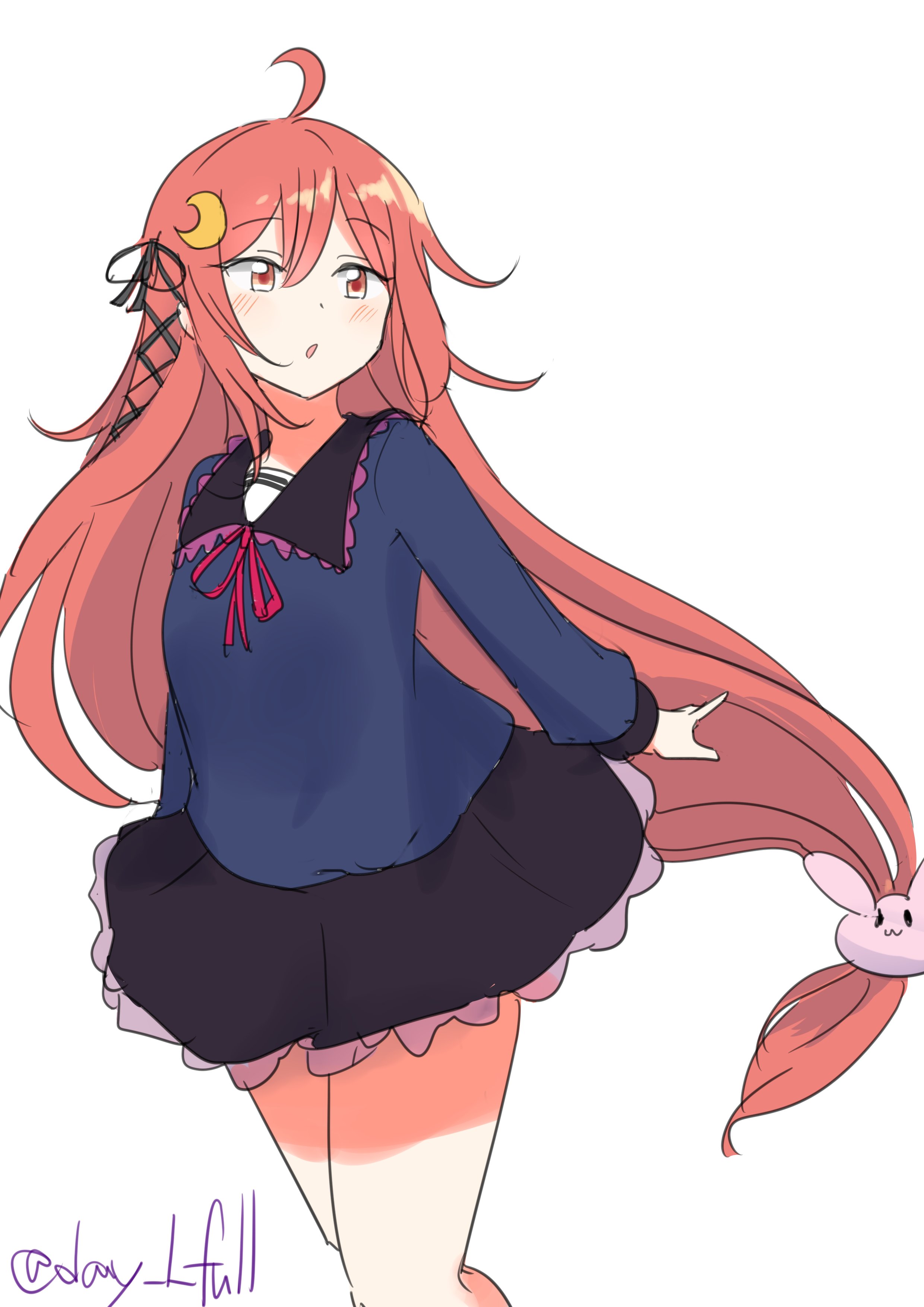 robinson (day l full), uzuki (kancolle), kantai collection, absurdres, highres, 1girl, ahoge, black sailor collar, black skirt, blue shirt, crescent, crescent hair ornament, feet out of frame, frilled skirt, frills, hair ornament, long hair, looking to the side, low-tied long hair, one-hour drawing challenge, rabbit hair ornament, red eyes, red hair, sailor collar, sailor shirt, school uniform, serafuku, shirt, simple background, skirt, solo, white background