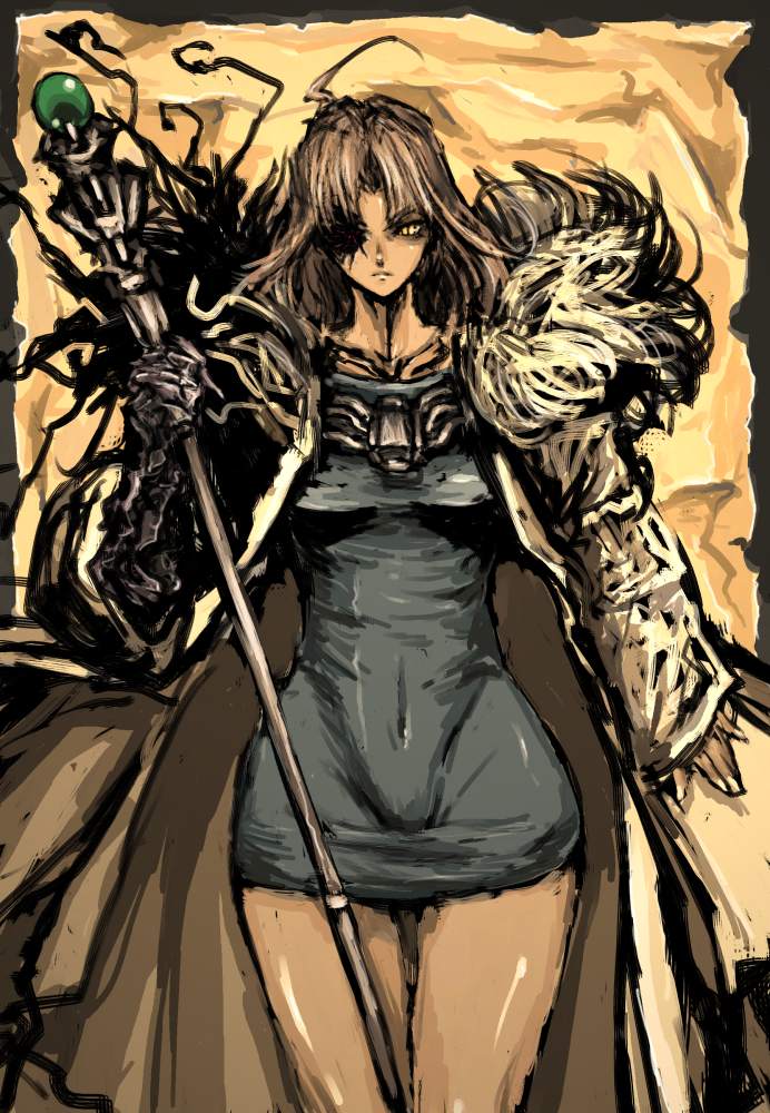 moto murabito, artdink, tactics ogre, traditional media, 1girl, blonde hair, dress, female focus, gauntlets, long hair, serious, short dress, solo, staff, standing