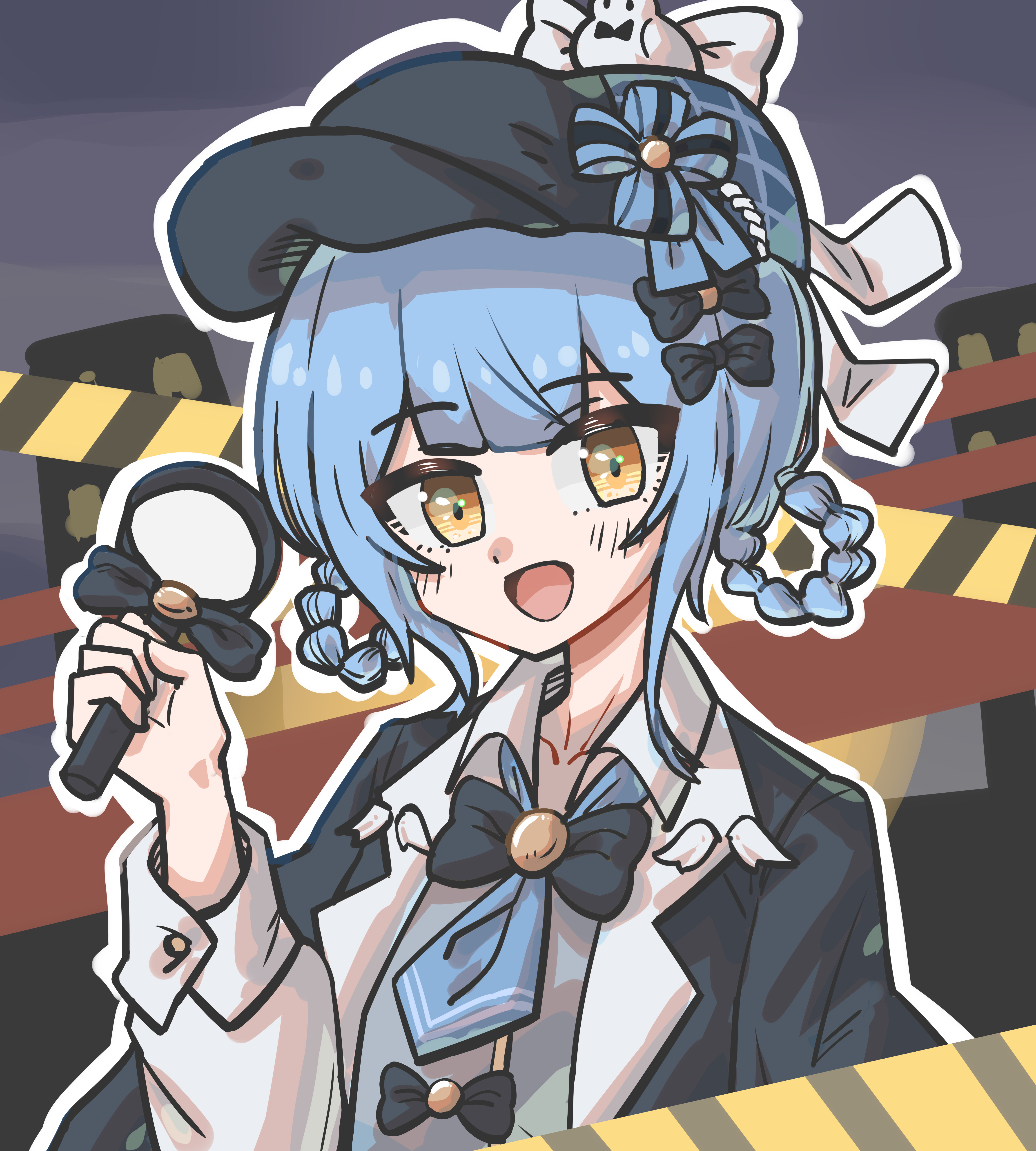 tachibana sherry, mahou shoujo no majo saiban, absurdres, highres, 1girl, :d, black bow, black capelet, black hat, blue hair, blue necktie, bow, braid, braided hair rings, capelet, caution tape, deerstalker, detective, hair bow, hair rings, hand up, hat, holding, holding magnifying glass, long sleeves, looking at viewer, magnifying glass, necktie, open mouth, outline, short hair, smile, solo, upper body, white outline, wu shi mi mi, yellow eyes