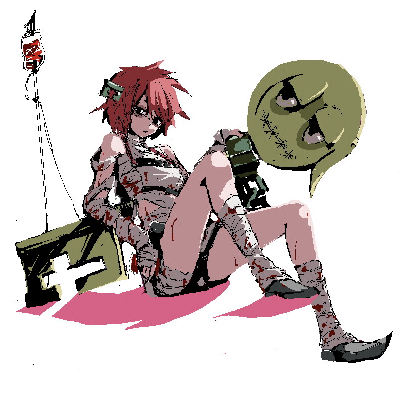 kumadano, a.b.a, paracelsus (guilty gear), arc system works, guilty gear, homunculus, 1girl, bandages, blood, chain, female focus, intravenous drip, key, key in head, object through head, oekaki, red hair, short hair, solo