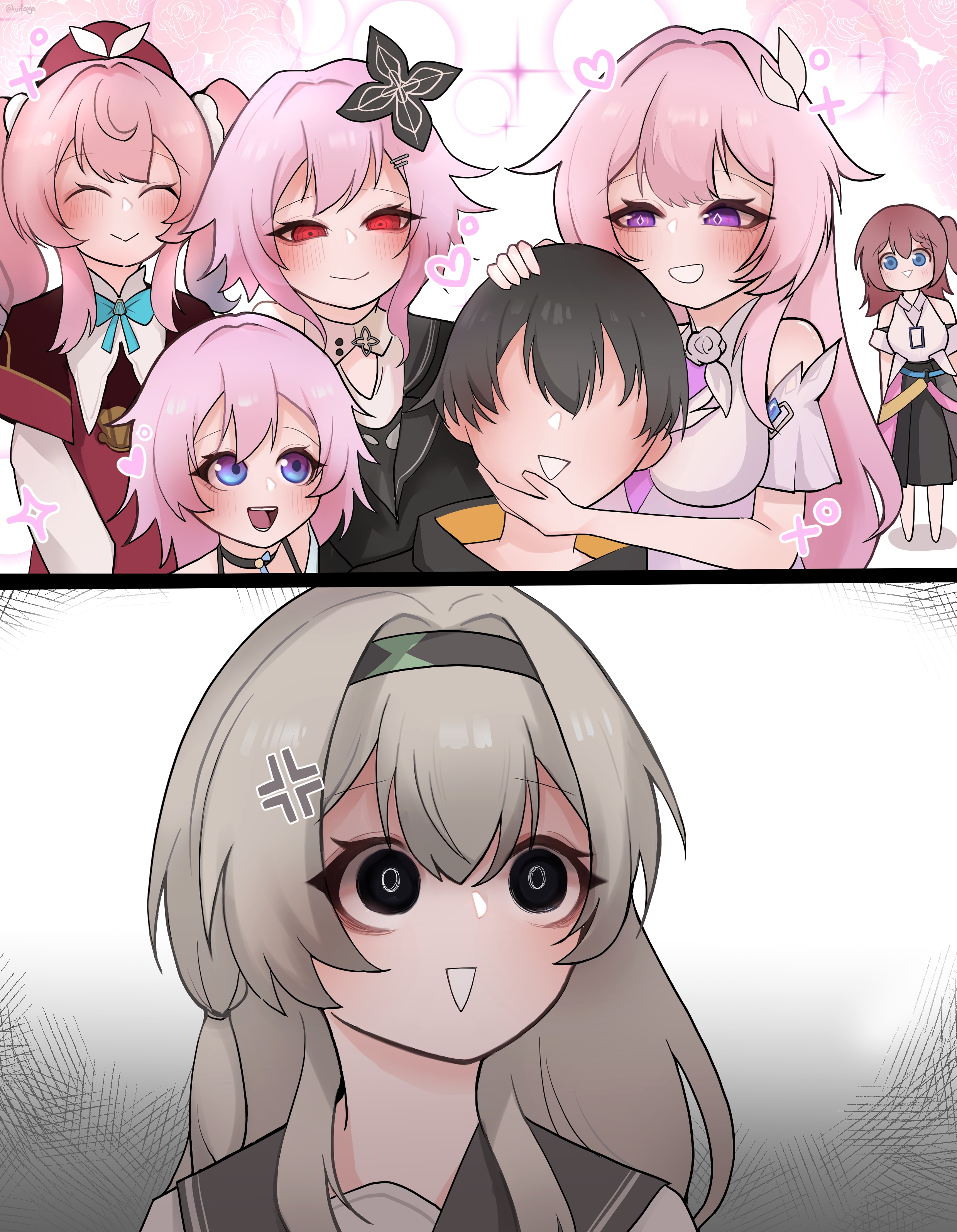 wifi saga, asta (honkai: star rail), caelus (honkai: star rail), cyrene (honkai: star rail), cyrene (ripples of past reverie) (honkai: star rail), evernight (honkai: star rail), firefly (honkai: star rail), firefly (spring missive) (honkai: star rail), hyacine (honkai: star rail), march 7th (honkai: star rail), march 7th (preservation) (honkai: star rail), trailblazer (honkai: star rail), honkai: star rail, honkai (series), absurdres, bilingual commentary, commentary, english commentary, highres, mixed-language commentary, textless version, 6+girls, anger vein, bare shoulders, black eyes, black flower, black hairband, black skirt, blue eyes, closed eyes, closed mouth, flower, grey hair, hair between eyes, hair flower, hair ornament, hairband, hat, heart, id card, jealous, lanyard, light blush, long hair, long skirt, looking at another, multiple girls, official alternate costume, open mouth, pink hair, pink hat, purple eyes, red eyes, short hair, skirt, smile, twintails