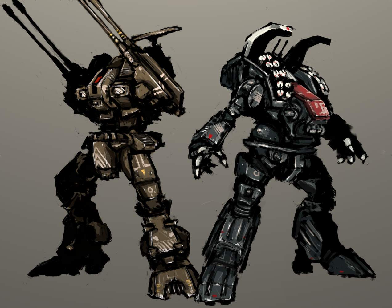 moto murabito, defender (macross), spartan (destroid), choujikuu yousai macross, macross, 1980s (style), traditional media, 2boys, cannon, destroid, male focus, mecha, missile, multiple boys, oldschool, retro artstyle, robot, simple background