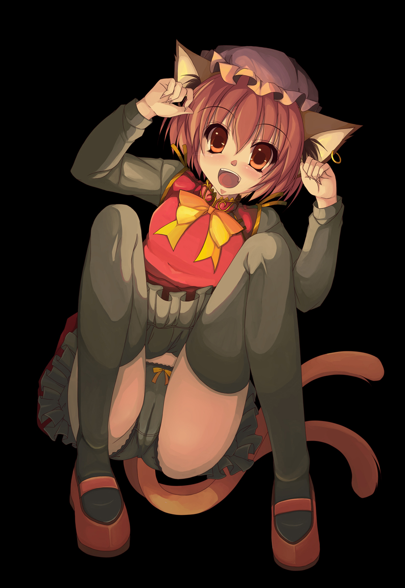 moriya, chen, touhou, colorized, highres, 1girl, :d, animal ears, black background, black panties, black thighhighs, bow, bow panties, brown eyes, brown hair, cat ears, cat girl, cat tail, dot nose, earrings, female focus, full body, hat, jewelry, long sleeves, open mouth, orange bow, orange eyes, panties, short hair, smile, solo, tail, tareme, teeth, thighhighs, underwear, upper teeth only