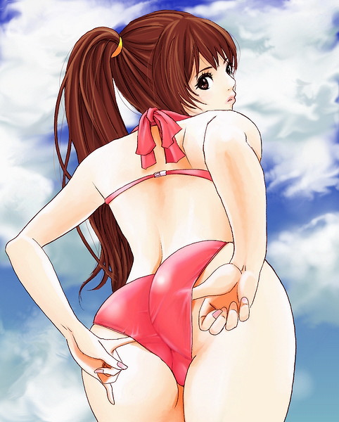 hybrid cat, kasumi (doa), dead or alive, tecmo, 1girl, adjusting clothes, adjusting swimsuit, ass, bikini, brown eyes, brown hair, female focus, long hair, pink bikini, ponytail, solo, swimsuit, trefoil