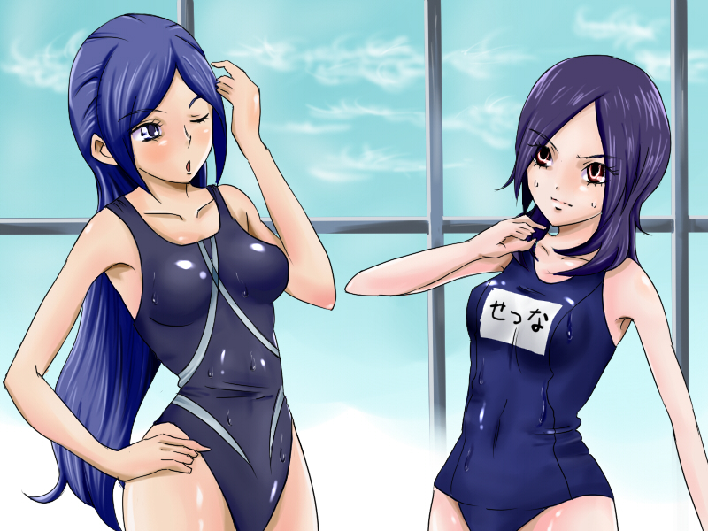 masaki kazusa, aono miki, higashi setsuna, fresh precure!, precure, 00s, 2girls, ;o, blue eyes, blue hair, breast envy, brown eyes, competition swimsuit, eyelashes, long hair, multiple girls, one-piece swimsuit, one eye closed, school swimsuit, short hair, swimsuit, wet, wink
