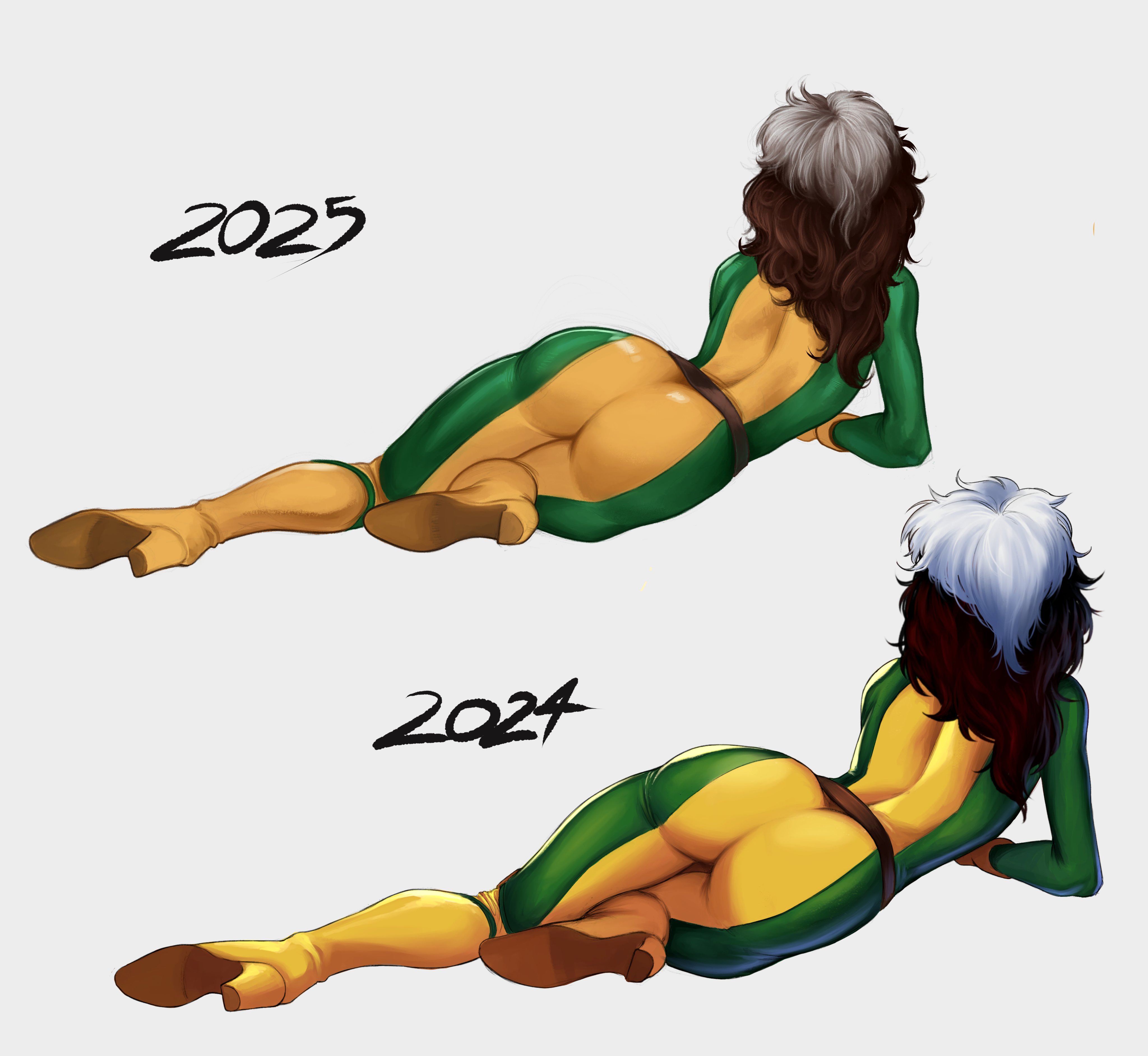 mortificent, rogue (x-men), marvel, x-men, absurdres, highres, artist progress, ass, comparison, pinup (style), spandex, superhero costume, white hair
