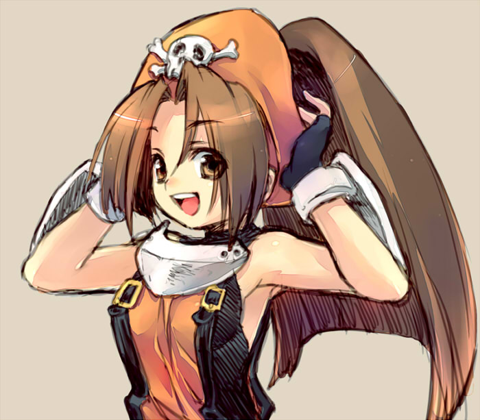 wanko (pixiv), wanko (takohati8), may (guilty gear), arc system works, guilty gear, 1girl, armpits, brown eyes, brown hair, female focus, gloves, hat, long hair, orange hat, orange shirt, pirate, shirt, skull and crossbones, smile, solo