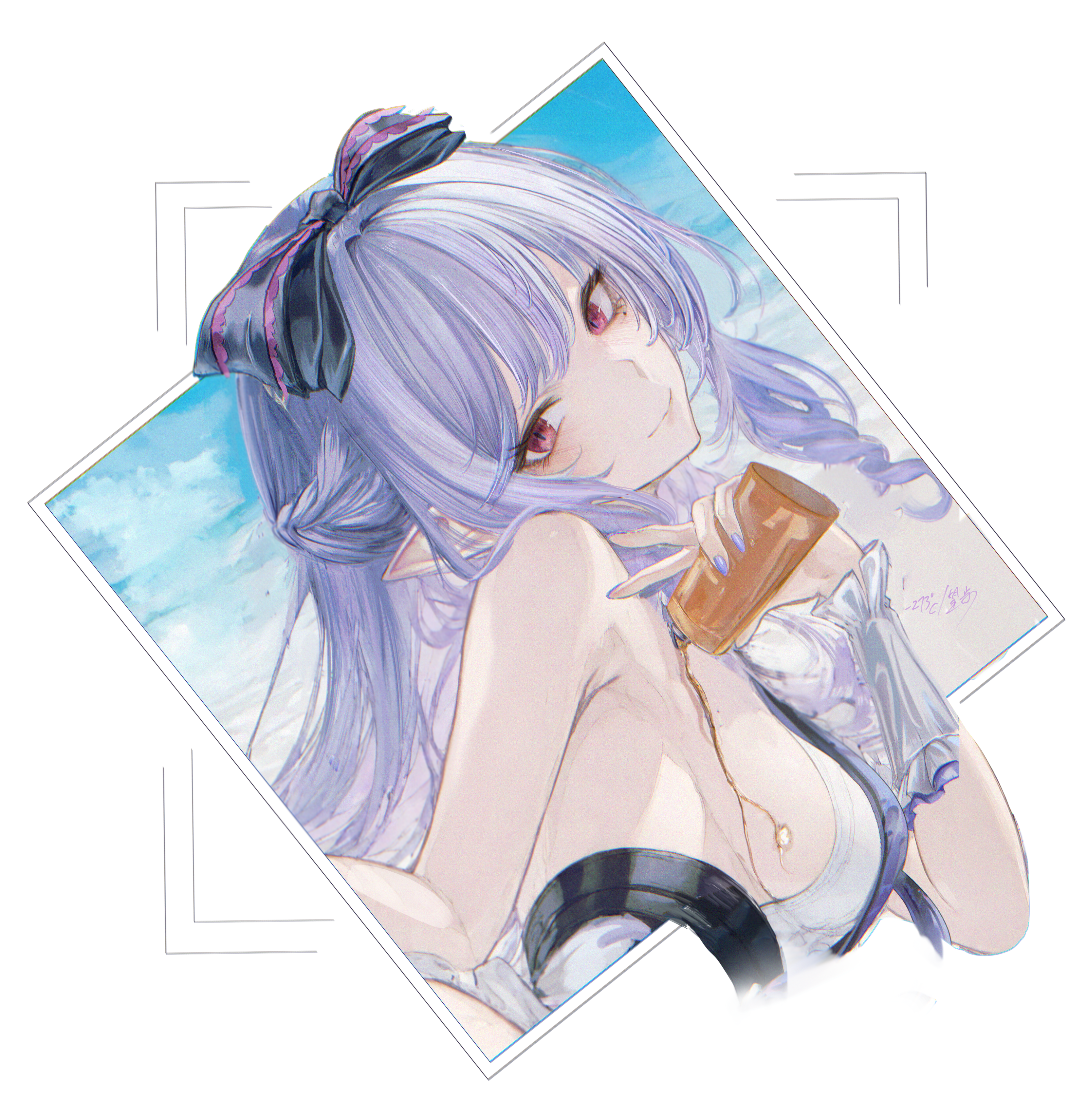 renoahh, vivian banshee, vivian banshee (iris of the shore), zenless zone zero, absurdres, commentary, english commentary, highres, revision, 1girl, bare shoulders, bottle, bow, breasts, closed mouth, fingernails, hair bow, holding, holding bottle, long hair, looking at viewer, lotion, nail polish, official alternate costume, outside border, pointy ears, pouring, pouring onto self, purple bow, purple hair, purple nails, red eyes, sideboob, sidelocks, smile, solo, sunscreen