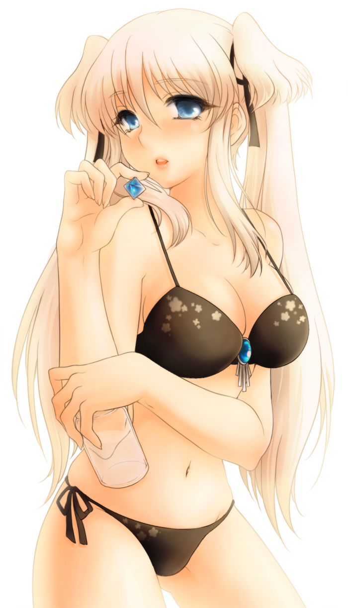 serra.a, nao (mabinogi), mabinogi, bad id, bad pixiv id, highres, 1girl, bikini, black bikini, blonde hair, blue eyes, diamond (gemstone), female focus, jar, long hair, solo, swimsuit, twintails