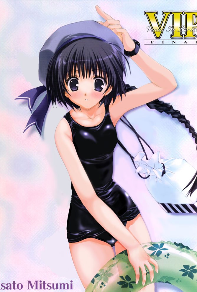 mitsumi misato, non-web source, bag, black hair, black one-piece swimsuit, blue eyes, braid, hat, innertube, long hair, one-piece swimsuit, salute, school swimsuit, solo, swim ring, swimsuit, watch, wristwatch