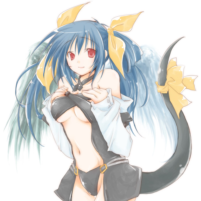 hotaru takana, silver berry, dizzy (guilty gear), arc system works, guilty gear, bad id, bad pixiv id, 1girl, asymmetrical wings, blue hair, bow, breasts, female focus, hair bow, leather, midriff, navel, red eyes, ribbon, solo, tail, tail ornament, tail ribbon, underboob, wings