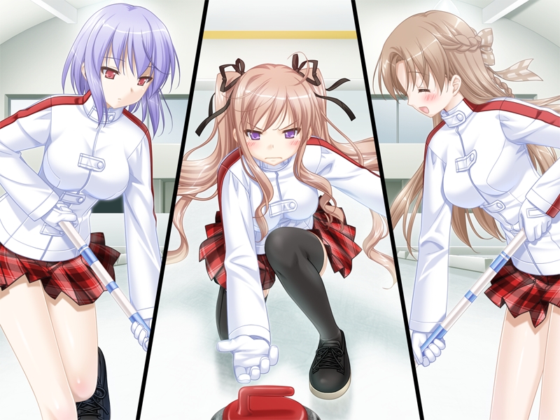 kani biimu, kinoshita tomomi, matsushima koyuki, nakahara asami, konayuki fururi, game cg, non-web source, 3girls, blue hair, blush, braid, breasts, brown hair, closed eyes, curling, curling stone, frown, gloves, indoors, jacket, large breasts, long hair, multiple girls, open mouth, plaid clothes, plaid skirt, purple eyes, red eyes, shoes, short hair, skirt, smile, split screen, stick, thighhighs, twintails