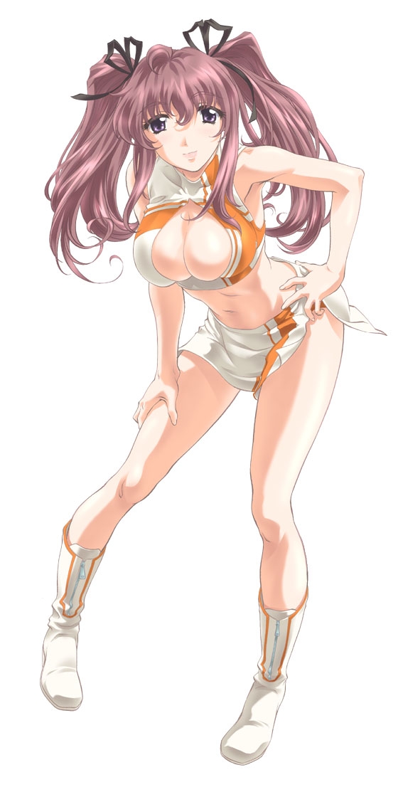 artist request, source request, boots, breasts, brown eyes, brown hair, cleavage, cleavage cutout, clothing cutout, large breasts, long hair, midriff, race queen, solo