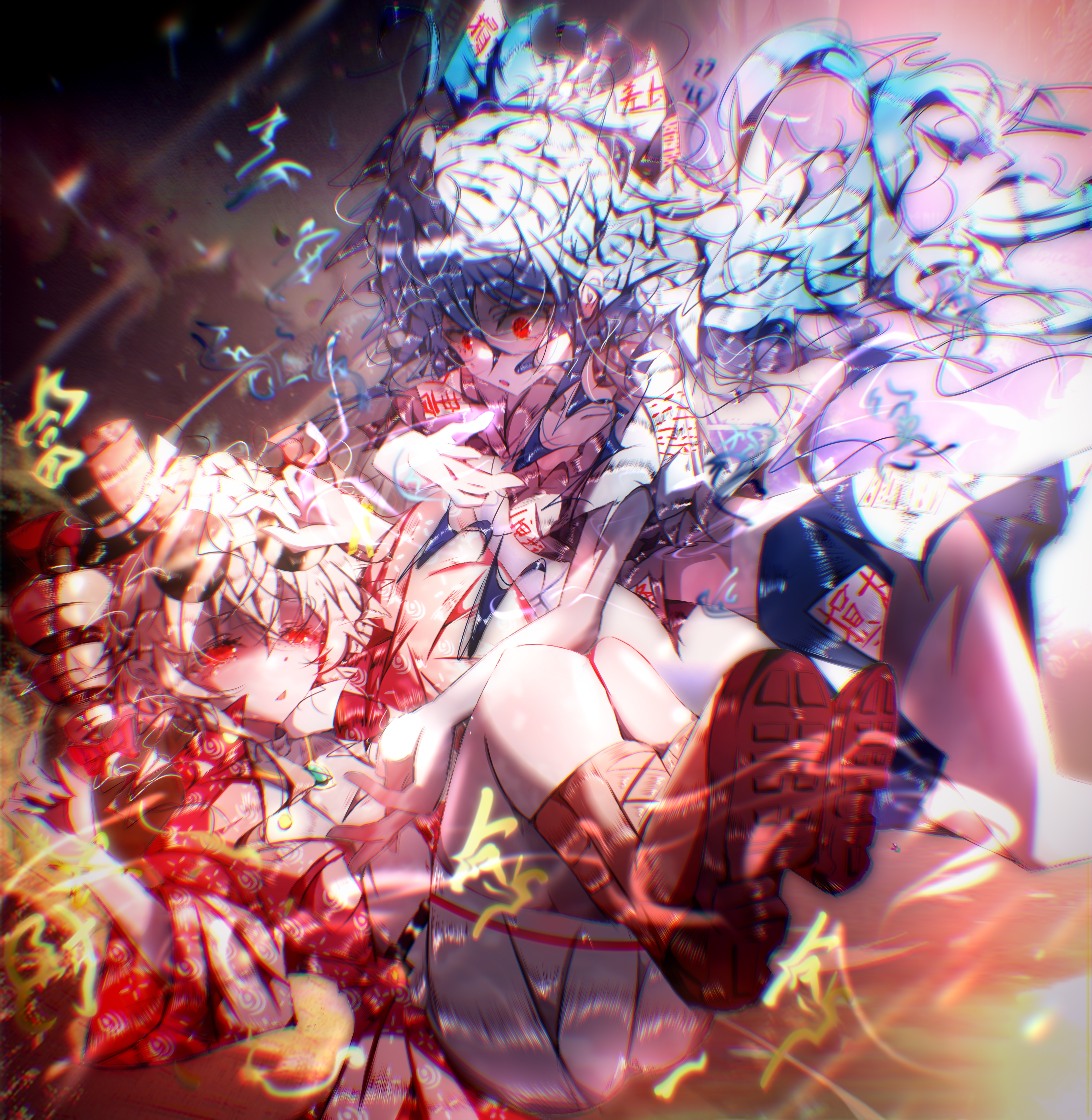 boxerrudy, yorigami jo'on, yorigami shion, touhou, absurdres, commentary request, highres, 2girls, blue dress, blue hair, curly hair, dress, dynamic pose, glowing, japanese clothes, kimono, long hair, multiple girls, ofuda, red eyes, red kimono, red ribbon, ribbon, short hair, siblings, sisters