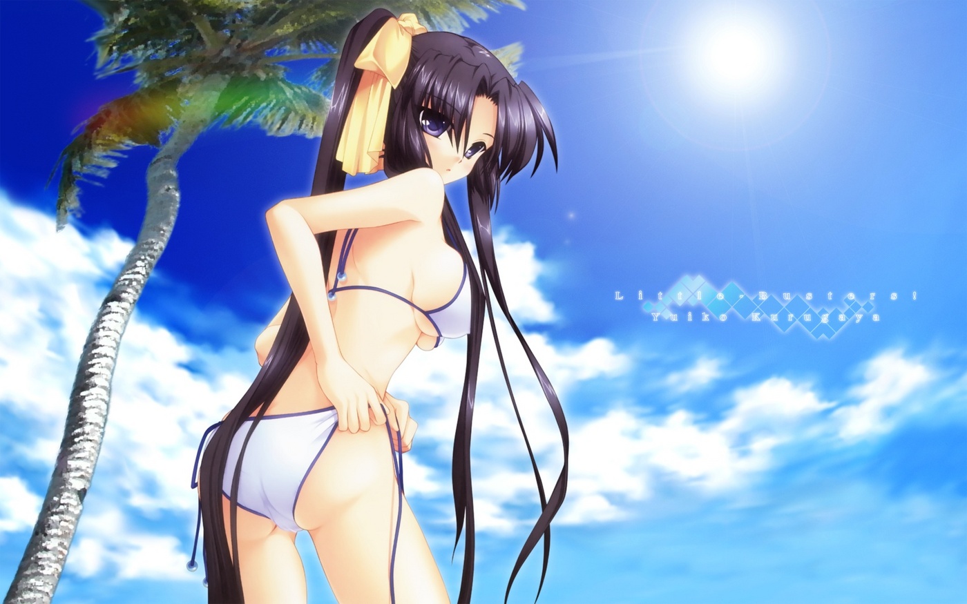 kurugaya yuiko, little busters!, non-web source, 1girl, ass, bikini, black hair, breasts, day, female focus, long hair, looking back, medium breasts, palm tree, ponytail, purple eyes, solo, swimsuit, tree, tying, underboob, white bikini
