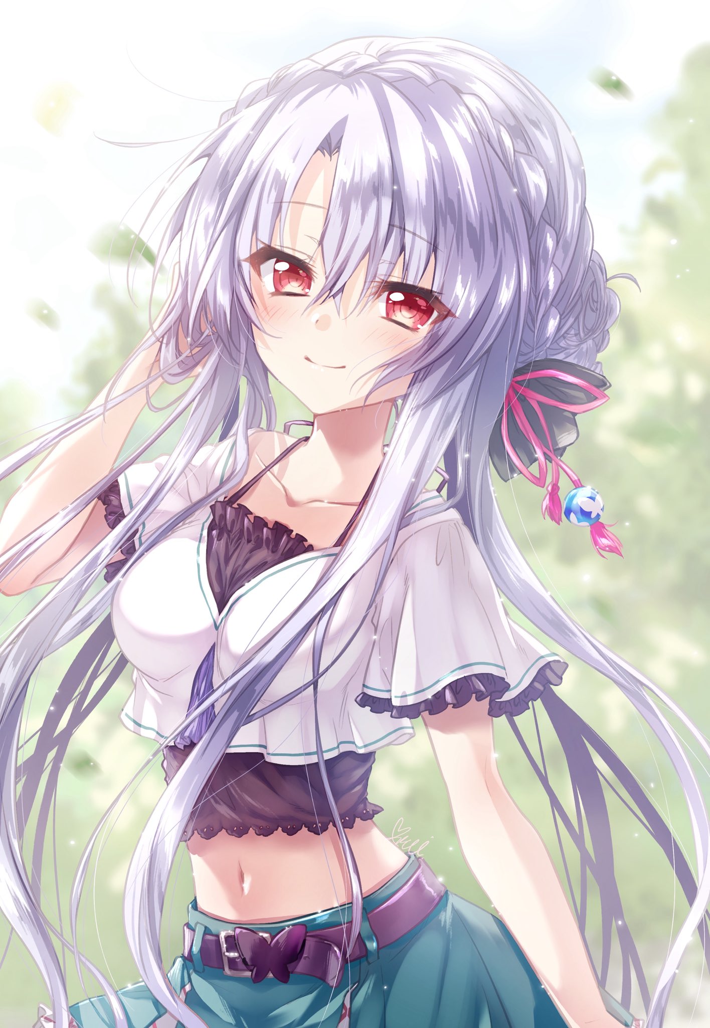 kuroi mimei, sorakado ao, summer pockets, commentary, highres, 1girl, animal print, arm at side, belt, black belt, black bow, blue hair, blue skirt, blurry, blurry background, blush, bow, braid, breasts, butterfly ornament, butterfly print, closed mouth, collarbone, cowboy shot, crown braid, day, eyes visible through hair, falling leaves, floating hair, frilled sleeves, frills, hair between eyes, hair bow, hair bun, hair ribbon, hand up, leaf, long hair, looking at viewer, medium breasts, midriff, navel, outdoors, red eyes, red ribbon, ribbon, ringed eyes, shirt, short sleeves, signature, single hair bun, skirt, smile, solo, split mouth, straight hair, very long hair, white shirt, wind