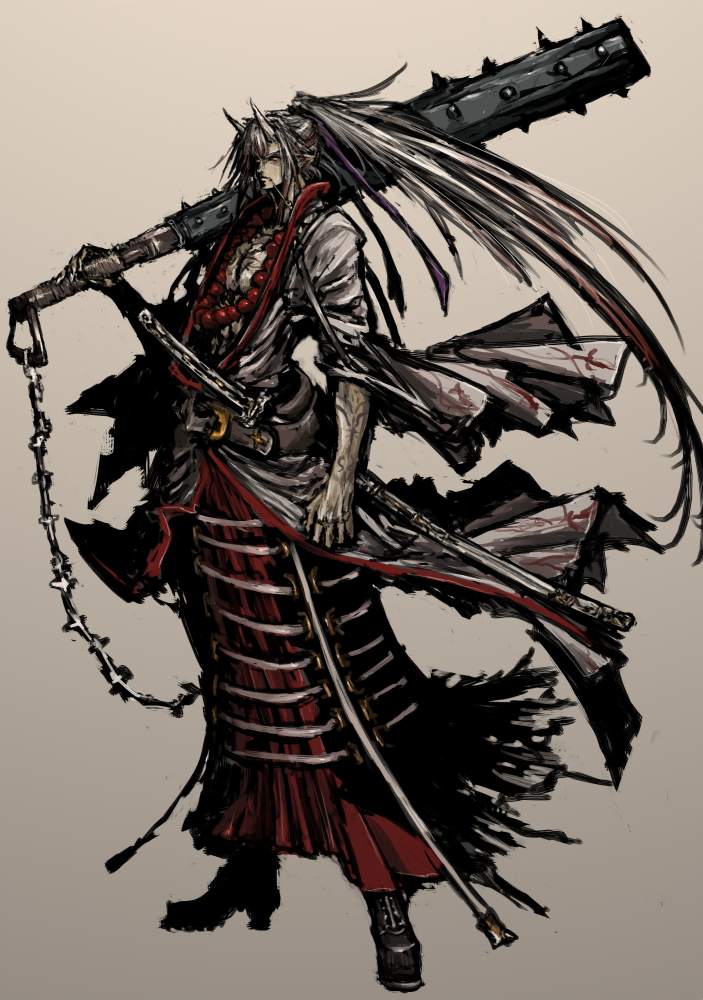moto murabito, original, traditional media, 1boy, boots, chain, club, club (weapon), demon, horns, huge weapon, japanese clothes, kanabou, long hair, mace, male focus, oni, solo, sword, weapon, white hair