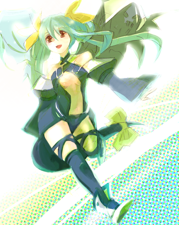 inaho178, dizzy (guilty gear), arc system works, guilty gear, bad id, bad pixiv id, 1girl, asymmetrical wings, blue hair, bow, breasts, female focus, hair bow, midriff, red eyes, ribbon, solo, tail, tail ornament, tail ribbon, thighhighs, underboob, wings