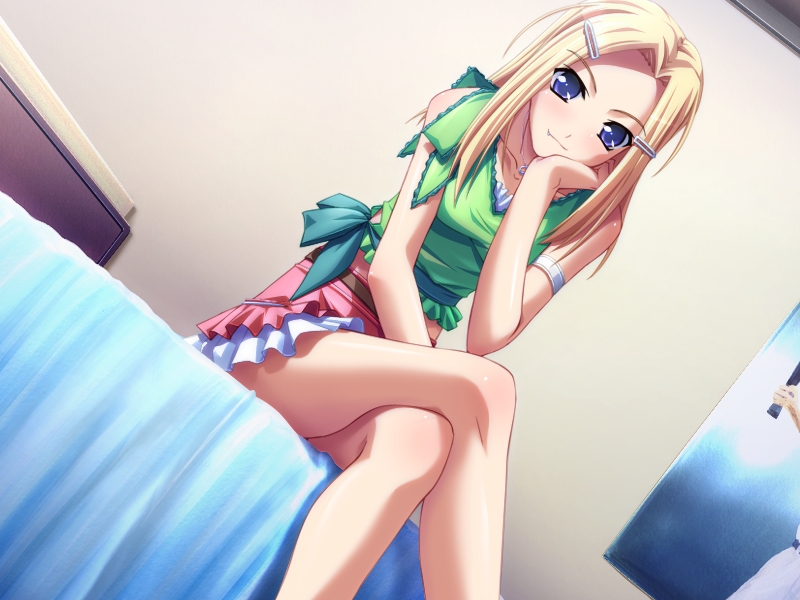 murakami suigun, horiuchi sana, pia carrot (series), pia carrot e youkoso!!, non-web source, 1990s (style), 1girl, bed, blonde hair, blue eyes, crossed legs, dutch angle, fang, female focus, hair ornament, hairclip, head rest, long hair, retro artstyle, sitting, solo