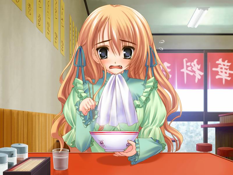 norita, itsukushima takako, otome wa boku ni koishiteru, game cg, non-web source, 00s, 1girl, bib, blonde hair, blue eyes, bowl, chopsticks, dress, fang, female focus, food, long hair, noodles, ramen, solo