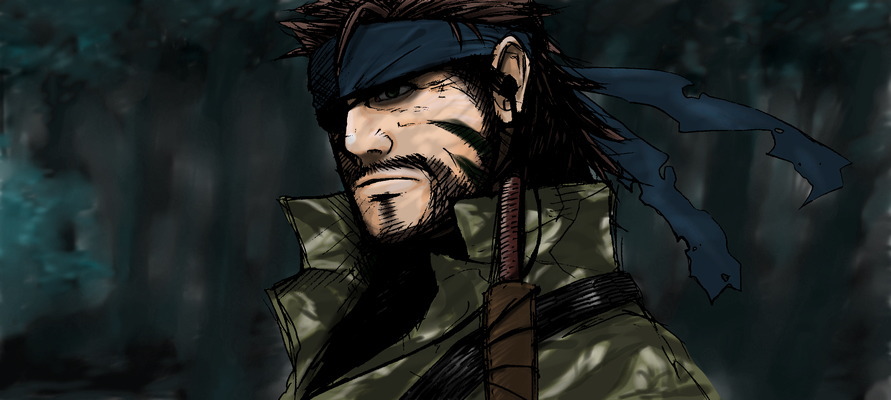 big boss, metal gear (series), metal gear solid 3: snake eater, 1boy, bandana, beard, dark, eyepatch, facial hair, male focus, solo