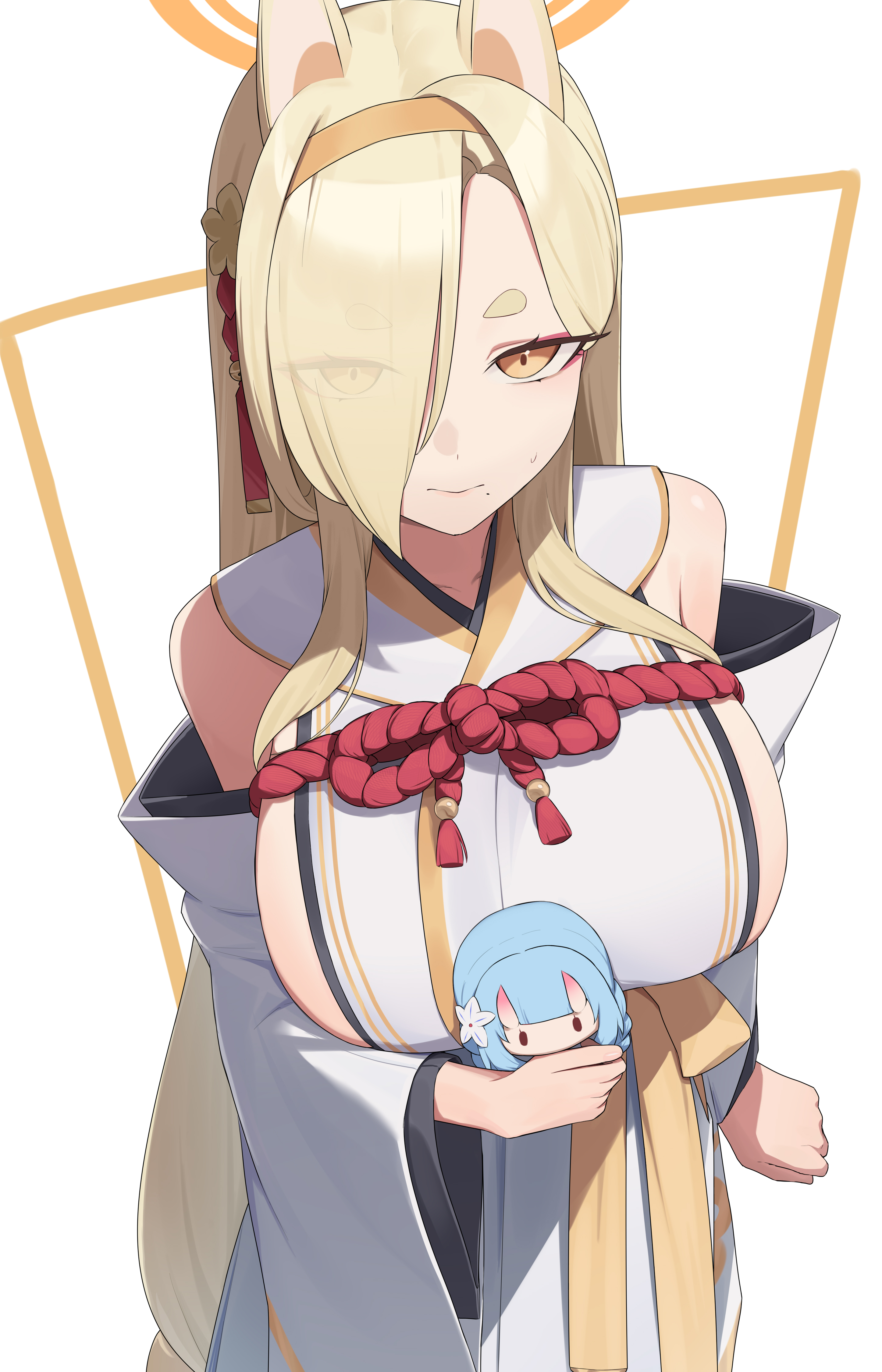 ruha (ruha12haru), chise (blue archive), kaho (blue archive), blue archive, absurdres, commentary, highres, 1girl, animal ears, arm at side, bare shoulders, bell, blonde hair, border, breasts, brown flower, character doll, clenched hand, closed mouth, cowboy shot, detached sleeves, doll, eyes visible through hair, flower, fox ears, fox girl, hair bell, hair flower, hair ornament, hair over one eye, hairband, halo, hand up, holding, holding doll, japanese clothes, jingle bell, kimono, large breasts, long hair, long sleeves, looking at viewer, mole, mole under mouth, orange border, orange eyes, orange hairband, orange halo, outside border, rope, shimenawa, sideboob, sideless kimono, sidelocks, simple background, sleeveless, sleeveless kimono, solo, standing, sweatdrop, thick eyebrows, very long hair, white background, white kimono, wide sleeves