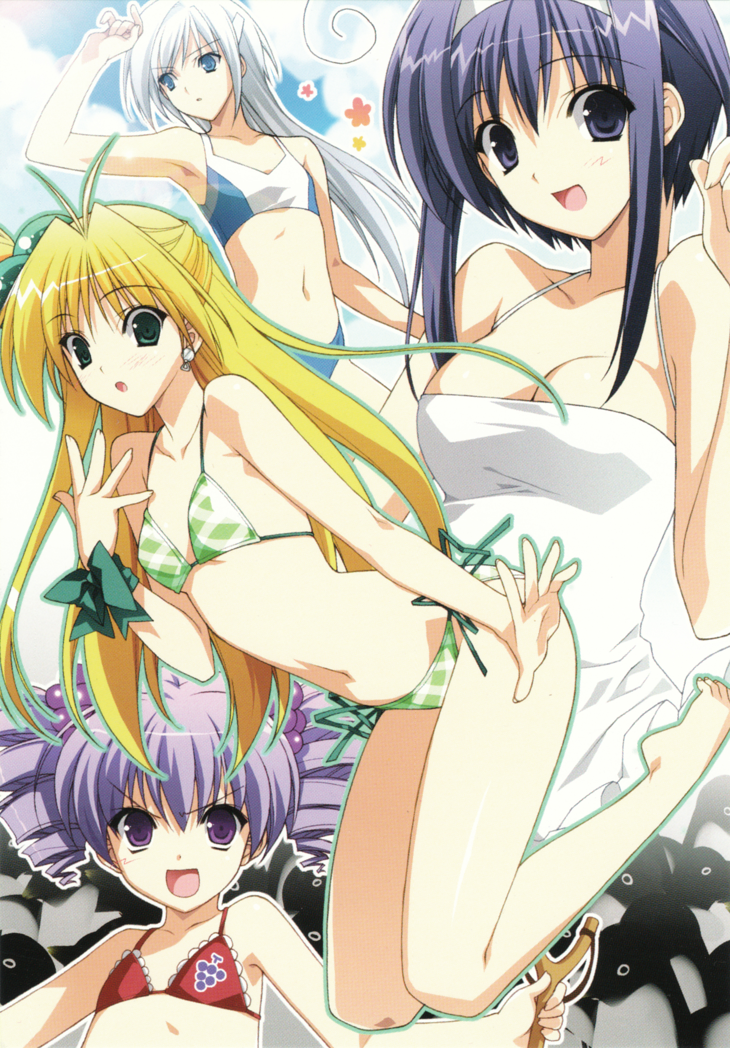 suzuhira hiro, budoko, melon (akikan), tenkuuji najimi, yell, akikan!, absurdres, highres, scan, scan artifacts, 00s, 4girls, ahoge, antenna hair, barefoot, bikini, blonde hair, blue eyes, bow, breasts, cleavage, drill hair, flat chest, food, fruit, grapes, green eyes, hair ornament, happy, long hair, looking at viewer, medium breasts, multiple girls, navel, open mouth, purple eyes, purple hair, short hair, side-tie bikini bottom, slingshot (weapon), small breasts, smile, sphere hair ornament, swimsuit, twintails, white hair