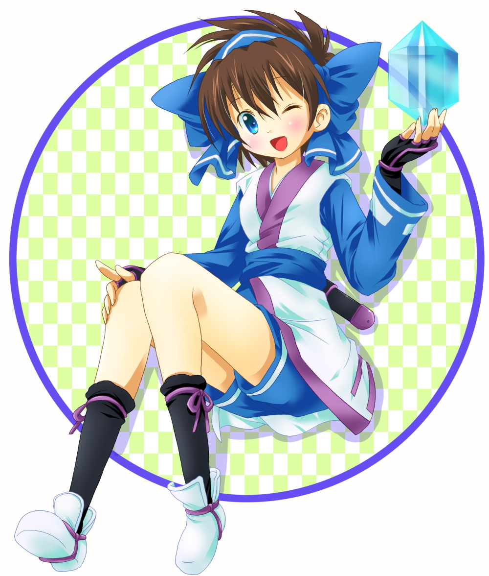 michii yuuki, konril, rimururu, samurai spirits, snk, bad id, bad pixiv id, 1girl, blue eyes, blue shorts, bow, brown hair, female focus, gloves, hair bow, outside border, ribbon, round image, short hair, shorts, solo