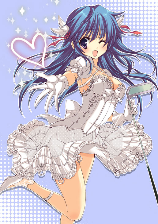 yukiwo, arin (pangya), pangya, 1girl, blue hair, breasts, cleavage, corset, dress, female focus, foreshortening, gloves, golf club, happy, head wings, high heels, legs, long hair, medium breasts, one eye closed, outstretched arm, outstretched hand, purple eyes, shoes, solo, wedding dress, wind, wind lift, wings, wink