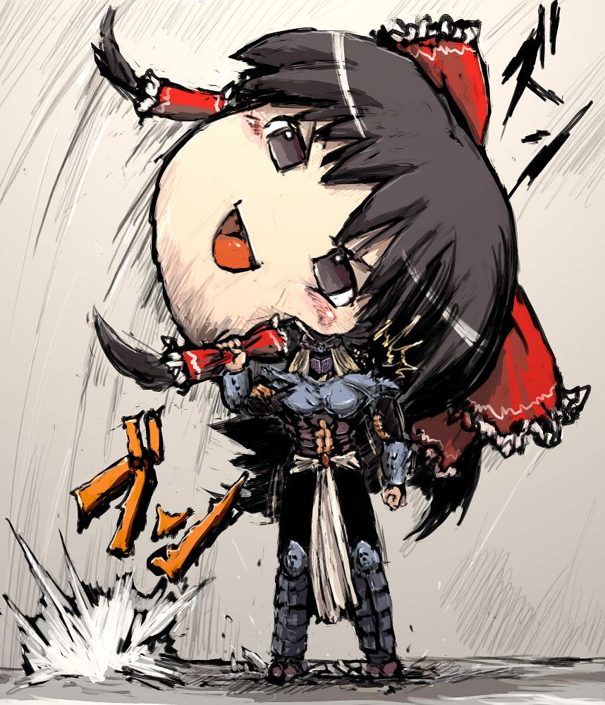 moto murabito, bui, hakurei reimu, yukkuri reimu, touhou, yuu yuu hakusho, traditional media, abs, armor, axe, black hair, crossover, male focus, parody, solo, weapon, what, yukkuri shiteitte ne
