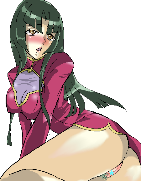 kisou nowora, wang liu mei, gundam, gundam 00, 00s, 1girl, ass, blush, breasts, brown eyes, covered erect nipples, female focus, female pubic hair, green hair, large breasts, long hair, no panties, oekaki, pubic hair, solo