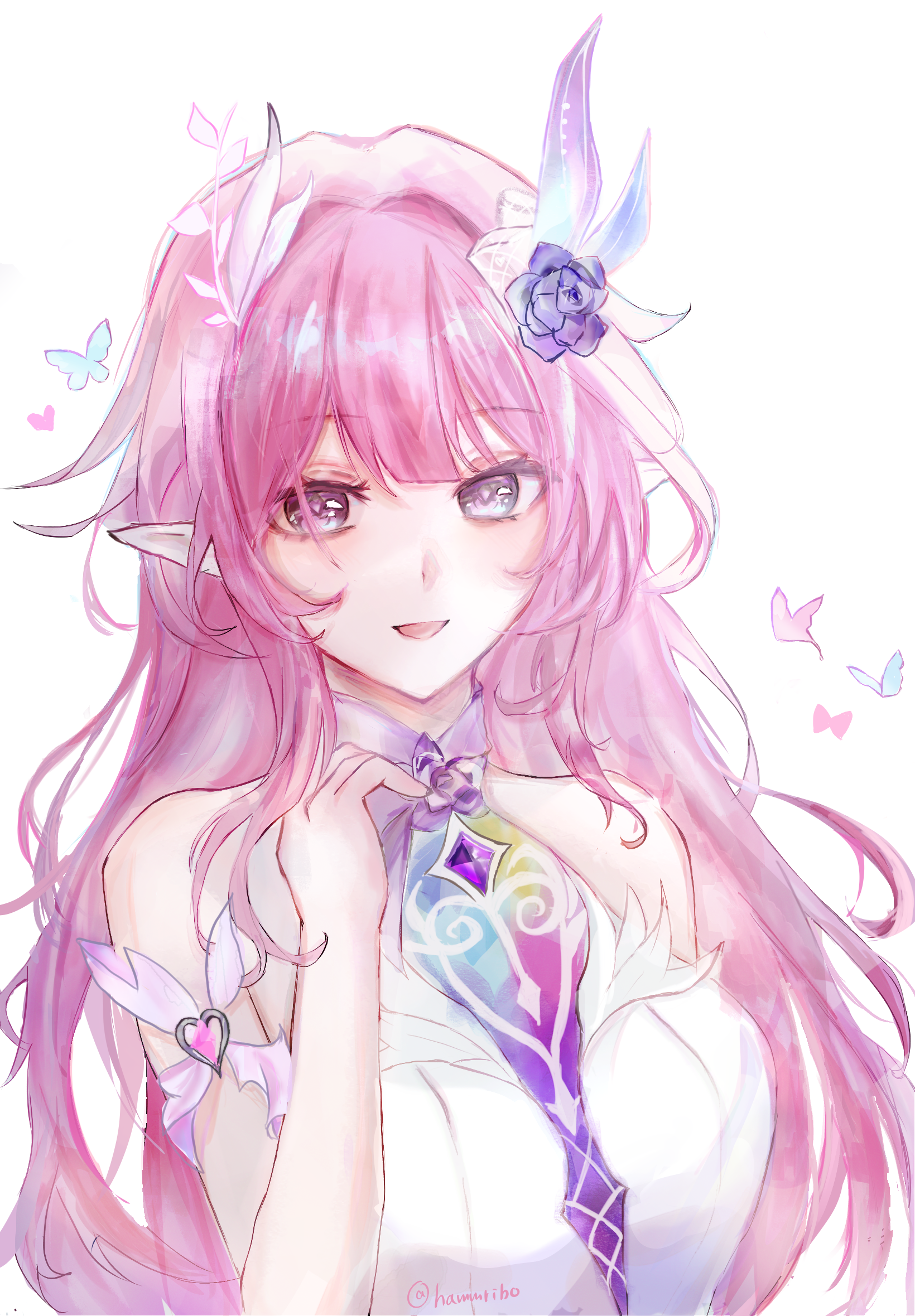 u (smxe8558), cyrene (honkai: star rail), cyrene (ripples of past reverie) (honkai: star rail), honkai: star rail, honkai (series), commentary request, highres, 1girl, bare shoulders, breasts, diamond-shaped pupils, diamond (shape), flower, hair flower, hair ornament, large breasts, long hair, parted lips, pink hair, pointy ears, purple eyes, simple background, smile, solo, symbol-shaped pupils, upper body, very long hair, white background