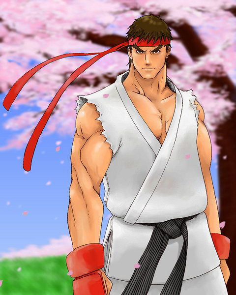 ryu (street fighter), capcom, street fighter, 1boy, bandana, cherry blossoms, fingerless gloves, gloves, male focus, solo