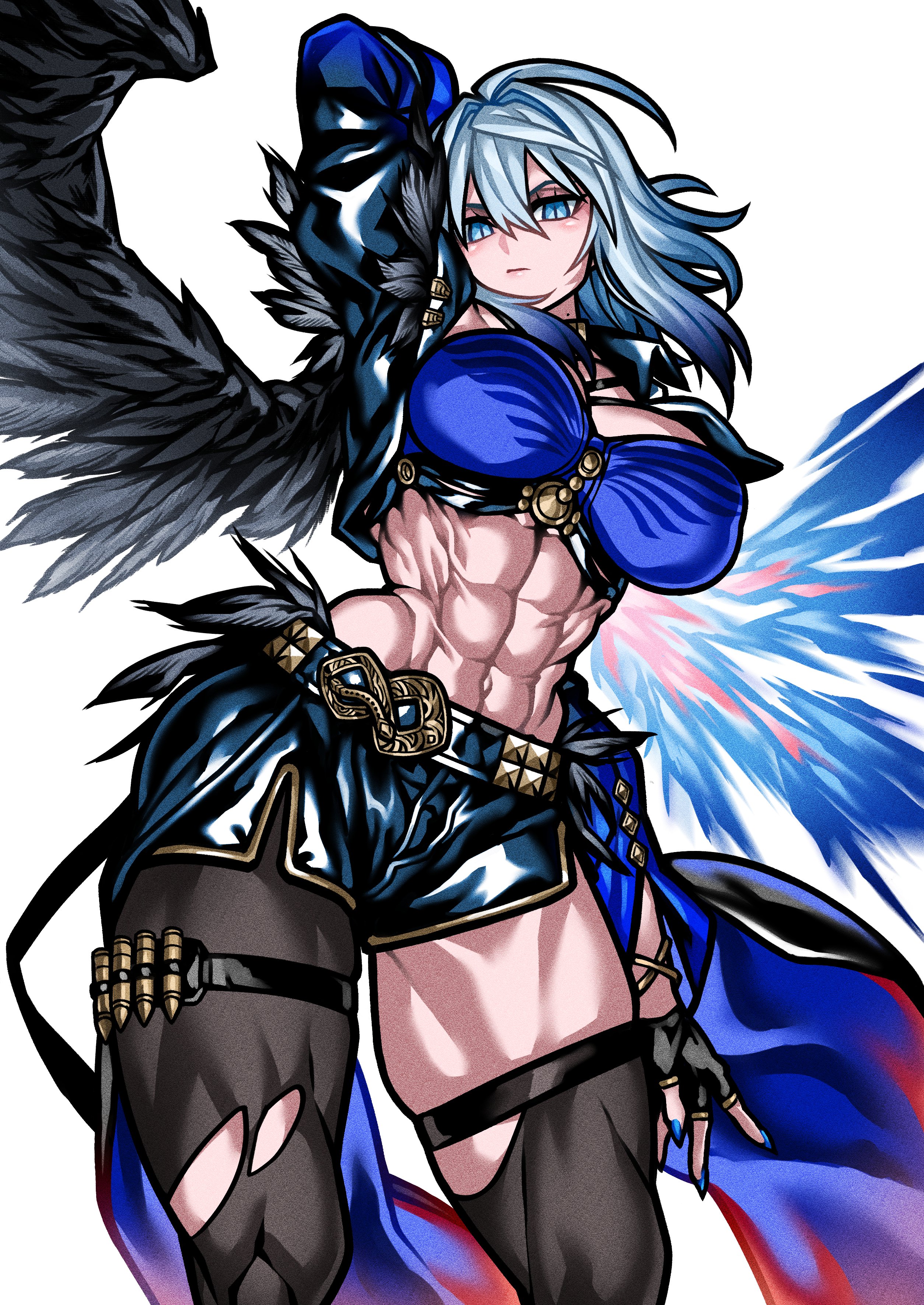 yotaro, galbrena (wuthering waves), wuthering waves, absurdres, highres, 1girl, abs, black gloves, black jacket, black pantyhose, black shorts, black thighhighs, black wings, blue bra, blue eyes, blue hair, blue nails, bra, breasts, colored inner hair, cropped jacket, feathered wings, flexing, gloves, grey hair, jacket, large breasts, looking at viewer, medium hair, mole, mole on neck, multicolored hair, muscular, muscular female, nail polish, navel, pantyhose, shorts, simple background, single leg pantyhose, single thighhigh, solo, standing, stomach, thigh strap, thighhighs, underwear, white background, wings