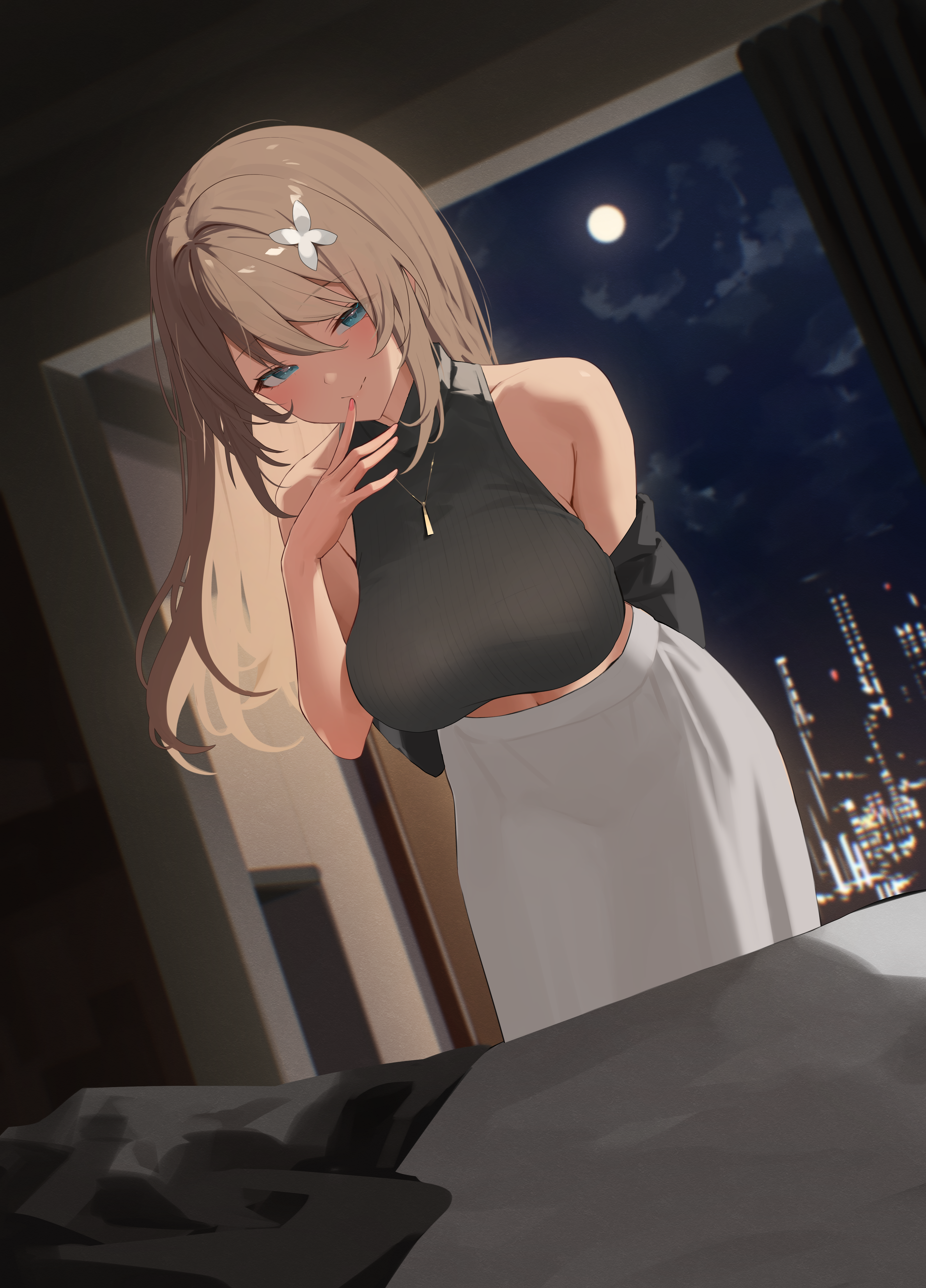 kkix25, kurikoma komaru, aogiri koukou, absurdres, highres, 1girl, aqua eyes, bed, bed sheet, black shirt, blush, breasts, brown hair, city lights, closed mouth, cloud, cloudy sky, fingernails, full moon, hair between eyes, hair ornament, hand up, indoors, large breasts, leaning forward, leaning to the side, long hair, long skirt, looking at viewer, midriff, moon, night, night sky, shirt, skirt, sky, smile, solo, virtual youtuber, white skirt