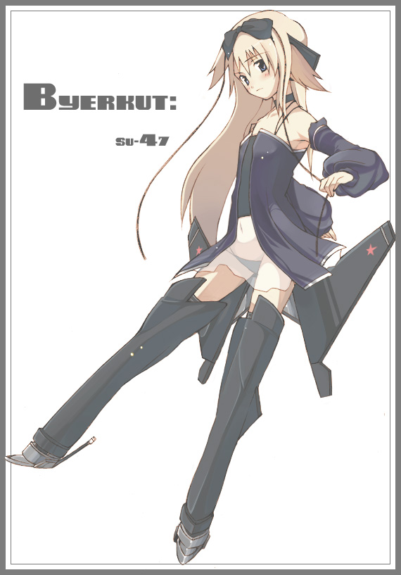 sakugo, su-47 berkut, original, jet, bad id, bad pixiv id, 1girl, aircraft, airplane, blonde hair, blue eyes, bow, female focus, long hair, mecha musume, military, solo