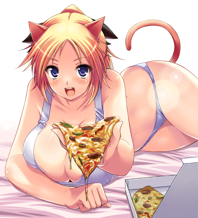 aida takanobu, katharine o'hare, strike witches, strike witches: suomus misfits squadron, world witches series, 00s, 1girl, animal ears, bell pepper, bell pepper slice, blonde hair, blue eyes, breasts, cat ears, cat tail, curvy, feeding, female focus, food, freckles, green bell pepper, huge breasts, incoming food, panties, pizza, pizza slice, pov feeding, solo, tail, underwear