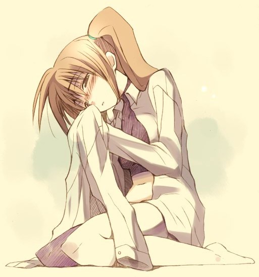 sakugo, takamachi nanoha, lyrical nanoha, mahou shoujo lyrical nanoha, mahou shoujo lyrical nanoha strikers, 00s, barefoot, blush, brown hair, side ponytail, solo, thighhighs