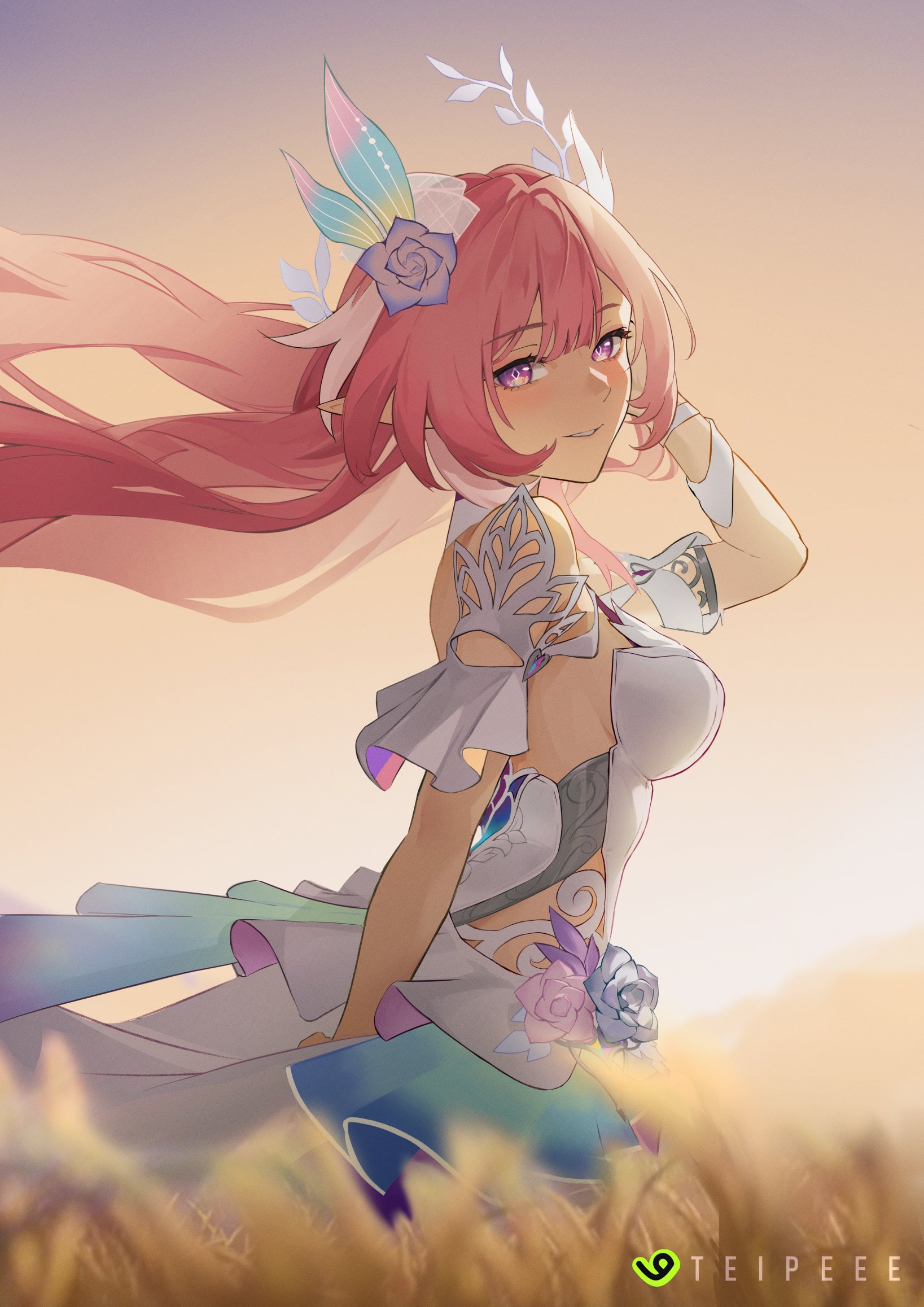 teipeee, cyrene (honkai: star rail), cyrene (ripples of past reverie) (honkai: star rail), honkai: star rail, honkai (series), hashtag-only commentary, highres, 1girl, artist name, breasts, diamond-shaped pupils, diamond (shape), flower, from side, hair flower, hair ornament, halo, large breasts, long hair, looking at viewer, outdoors, pink hair, purple eyes, solo, symbol-shaped pupils, very long hair, wheat, wheat field