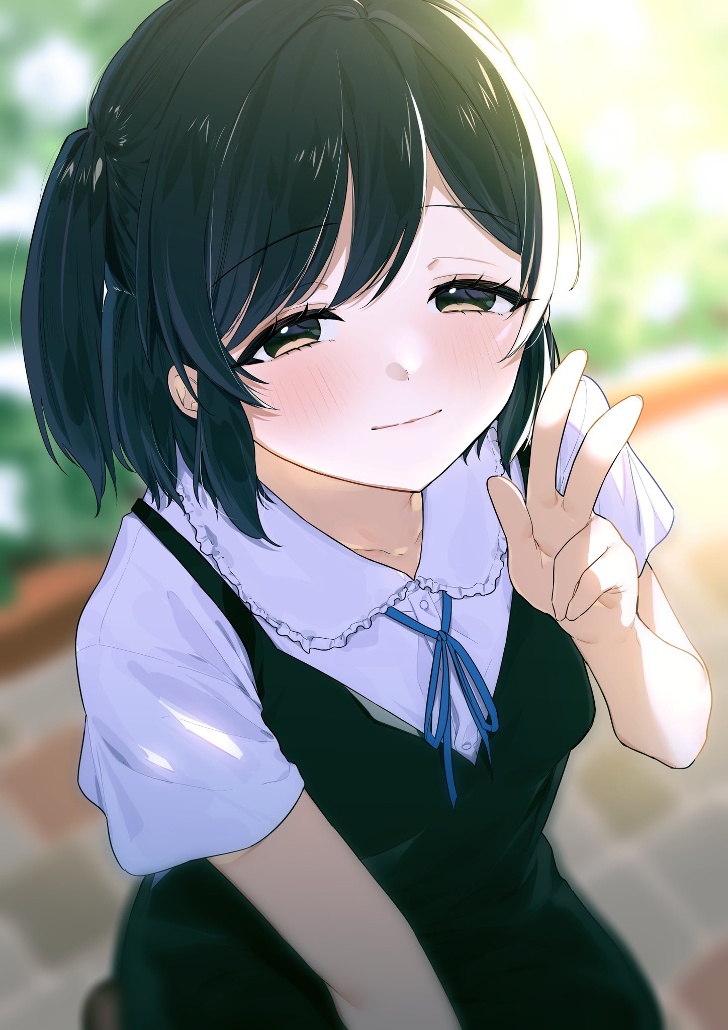 niimaru, highres, 1girl, backstage!, black dress, black hair, blue ribbon, blush, brown eyes, closed mouth, collared shirt, dress, neck ribbon, one side up, pinafore dress, ribbon, shirt, shizuka mayu, short hair, short sleeves, sleeveless, sleeveless dress, smile, solo, v, white shirt