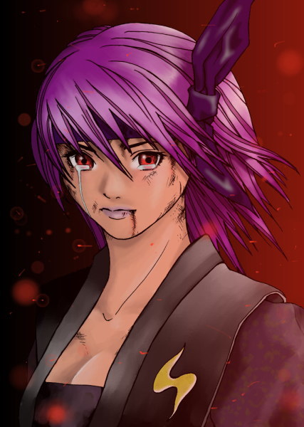 hybrid cat, ayane (doa), dead or alive, tecmo, blood, bruise, headband, injury, purple hair, red eyes, short hair, solo, tears