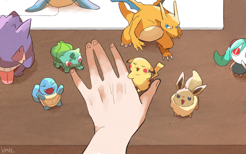 ban (ban62460424), aimaina, bulbasaur, charizard, eevee, gengar, lapras, pikachu, squirtle, nintendo, pokemon, commentary request, 1girl, claws, closed eyes, computer, eyelid pull, fingernails, gen 1 pokemon, hand focus, hand on table, laptop, open mouth, out of frame, pocket no monster (vocaloid), pokemon (creature), pov, pov hands, red eyes, tongue, tongue out, twintails, undersized pokemon
