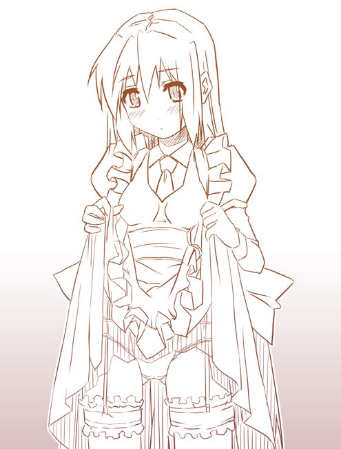 date (senpen), clothes lift, maid, monochrome, panties, skirt, skirt lift, solo, thighhighs, underwear