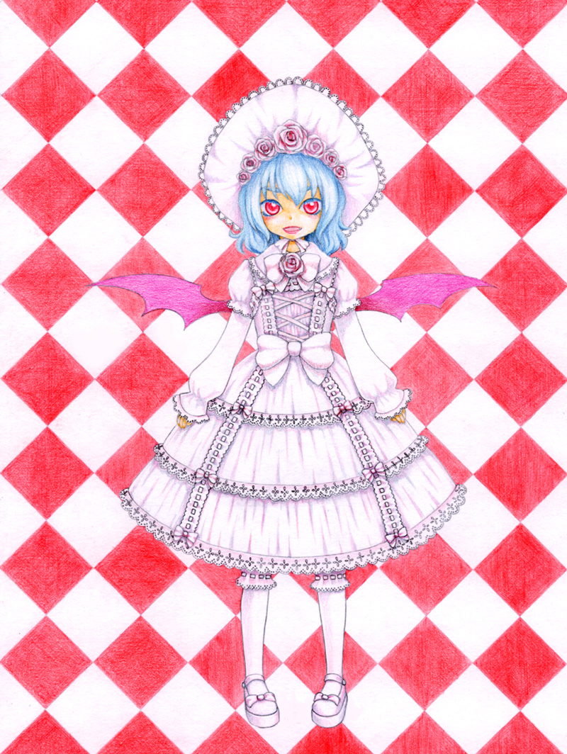 takt., remilia scarlet, touhou, bad id, bad pixiv id, traditional media, 1girl, bat wings, blue hair, bonnet, dress, female focus, flower, full body, hat, pantyhose, red eyes, ribbon-trimmed socks, ribbon trim, rose, shoes, short hair, socks, solo, white background, white hat, white shoes, wings