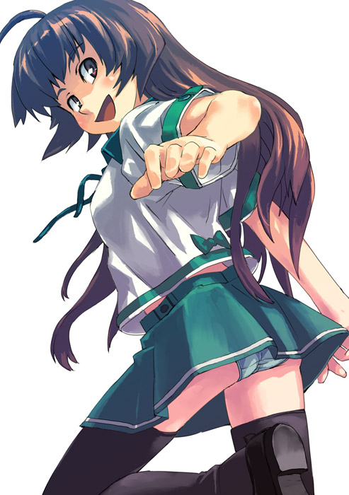 sys, sys (suisei), original, bad id, bad pixiv id, 1girl, ahoge, black thighhighs, brown eyes, brown hair, female focus, long hair, panties, pantyshot, school uniform, serafuku, shoes, skirt, solo, standing, thighhighs, underwear, white background