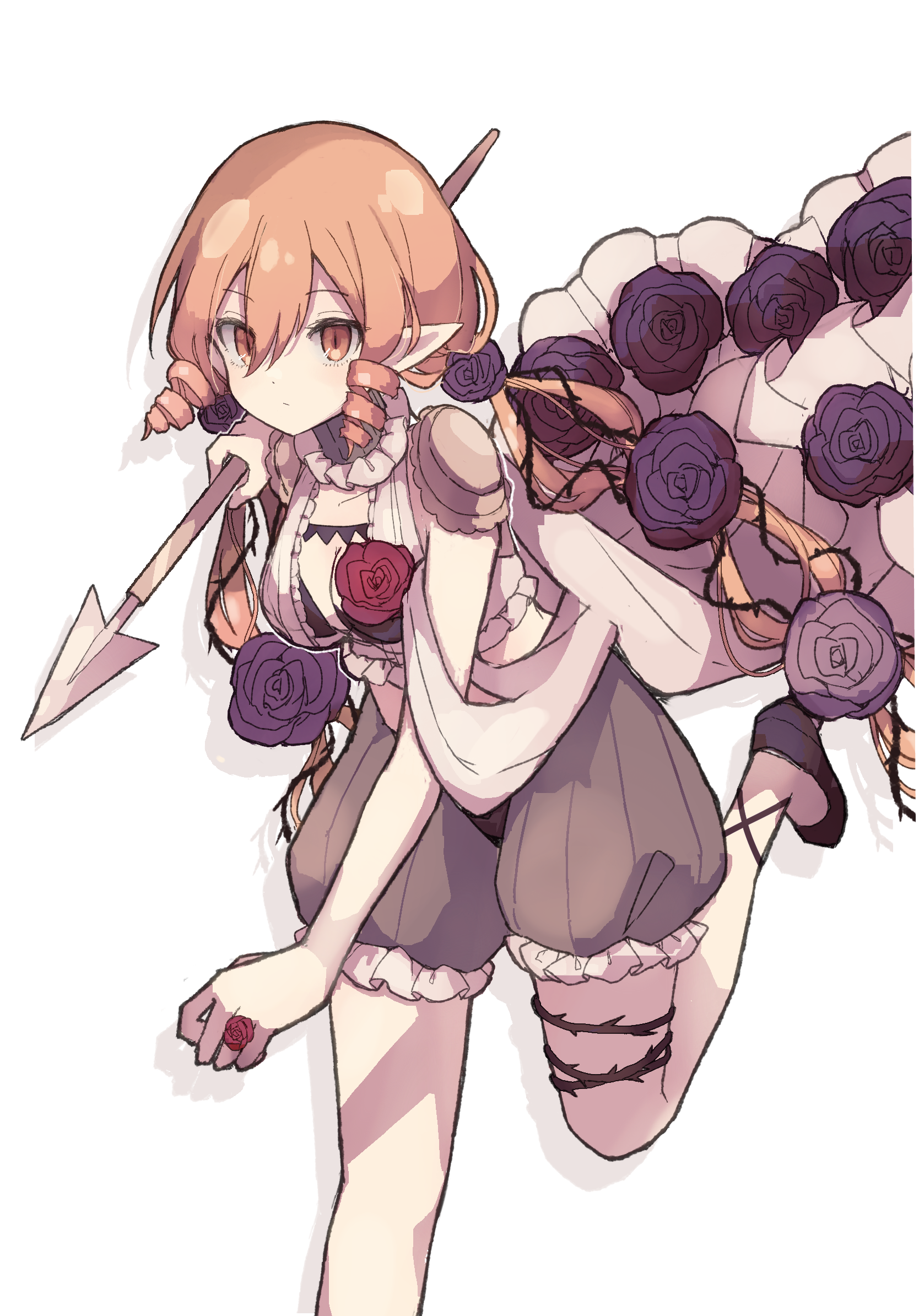 butter run, mahou shoujo ikusei keikaku, mahou shoujo ikusei keikaku restart, highres, 1girl, curly hair, elf, flower, harpoon, long hair, magical girl, melville (mahoiku), orange eyes, orange hair, pointy ears, purple flower, purple rose, red flower, red rose, rose, thorns